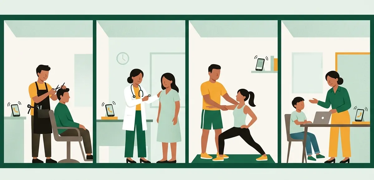 Illustration of four small businesses side by side, a salon, a clinic, a fitness studio, and a tuition class, where each owner is busy with a customer while a phone rings.