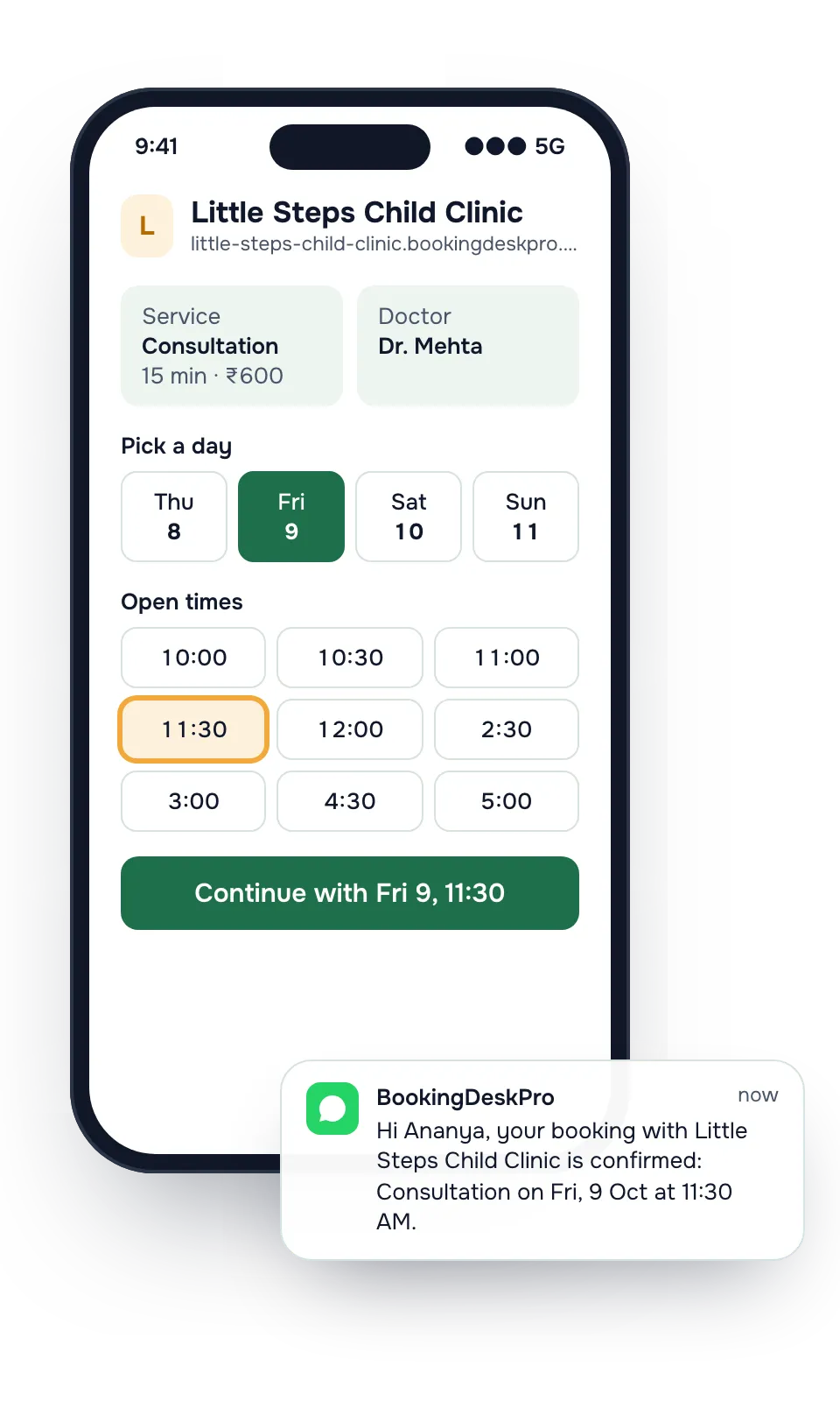 A phone showing the booking page for Little Steps Child Clinic, with Consultation with Dr. Mehta at 11:30 selected, and a WhatsApp confirmation for the booking.
