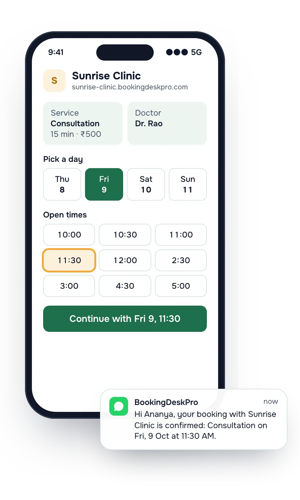 A phone showing the booking page for Sunrise Clinic, with Consultation with Dr. Rao at 11:30 selected, and a WhatsApp confirmation for the booking.