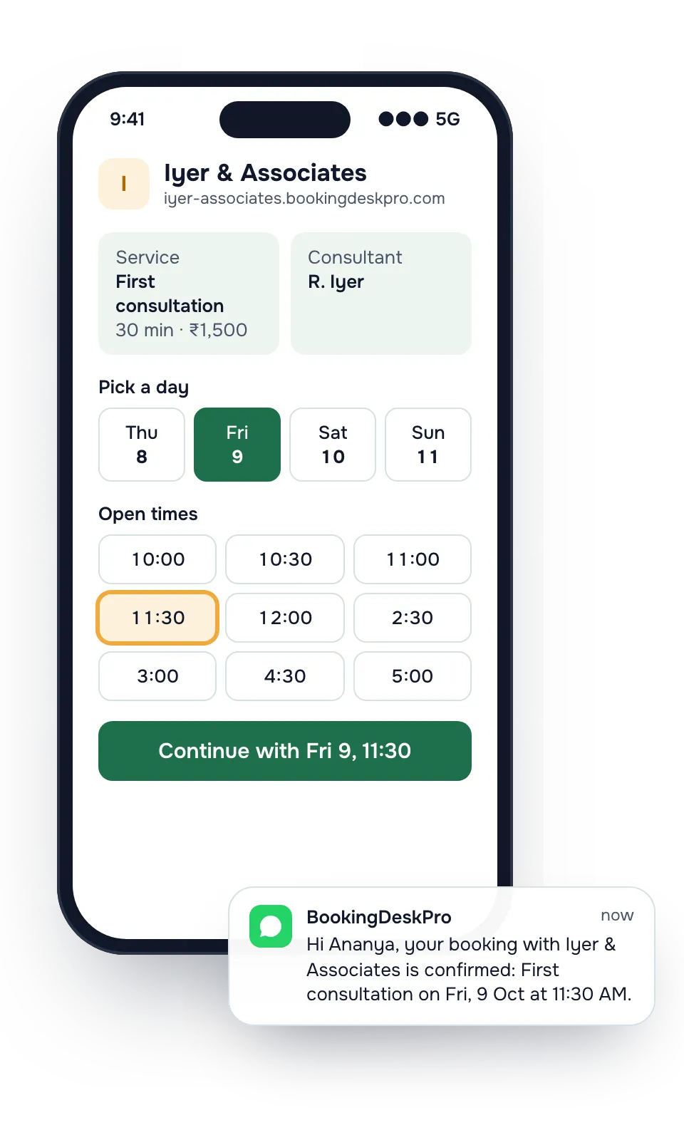 A phone showing the booking page for Iyer & Associates, with First consultation with R. Iyer at 11:30 selected, and a WhatsApp confirmation for the booking.
