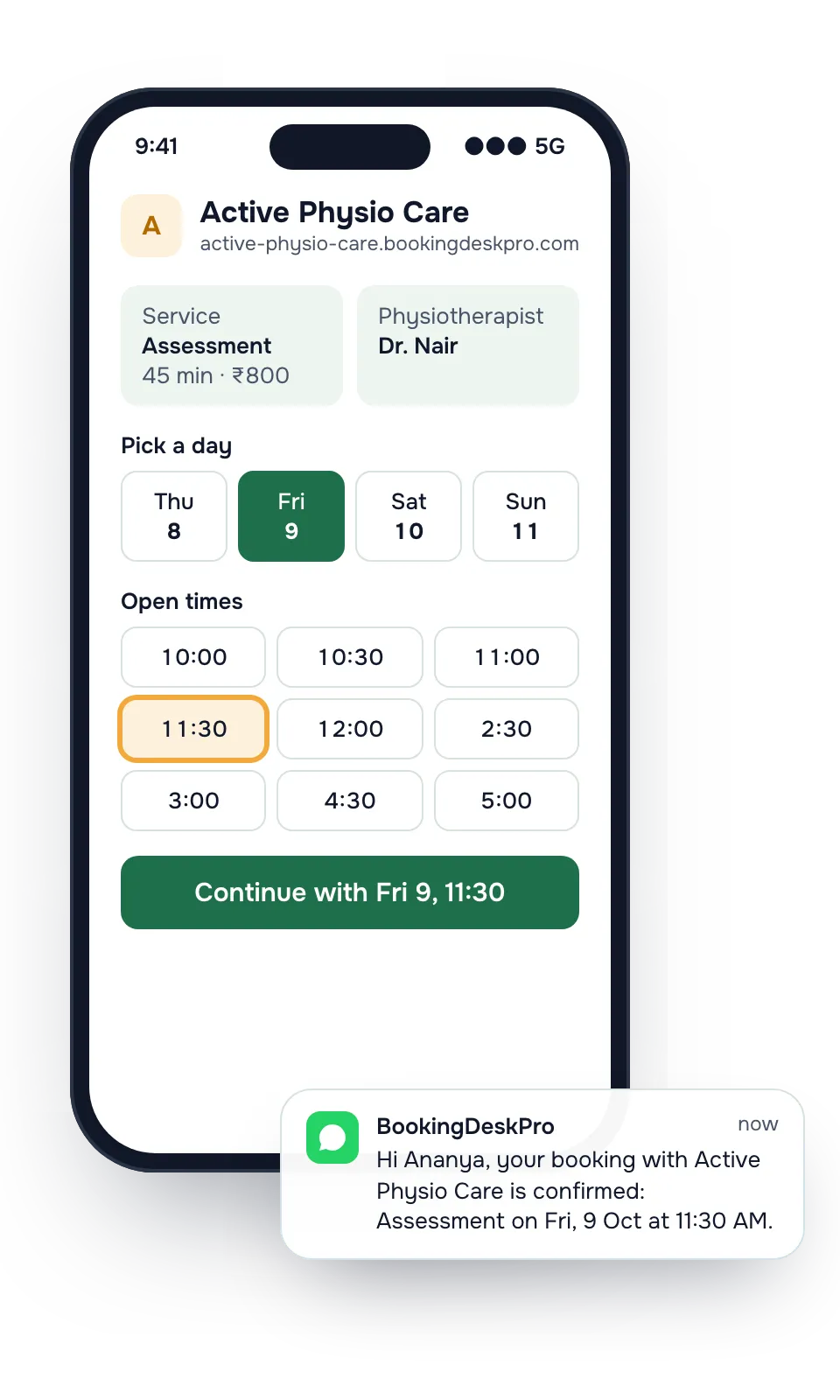 A phone showing the booking page for Active Physio Care, with Assessment with Dr. Nair at 11:30 selected, and a WhatsApp confirmation for the booking.