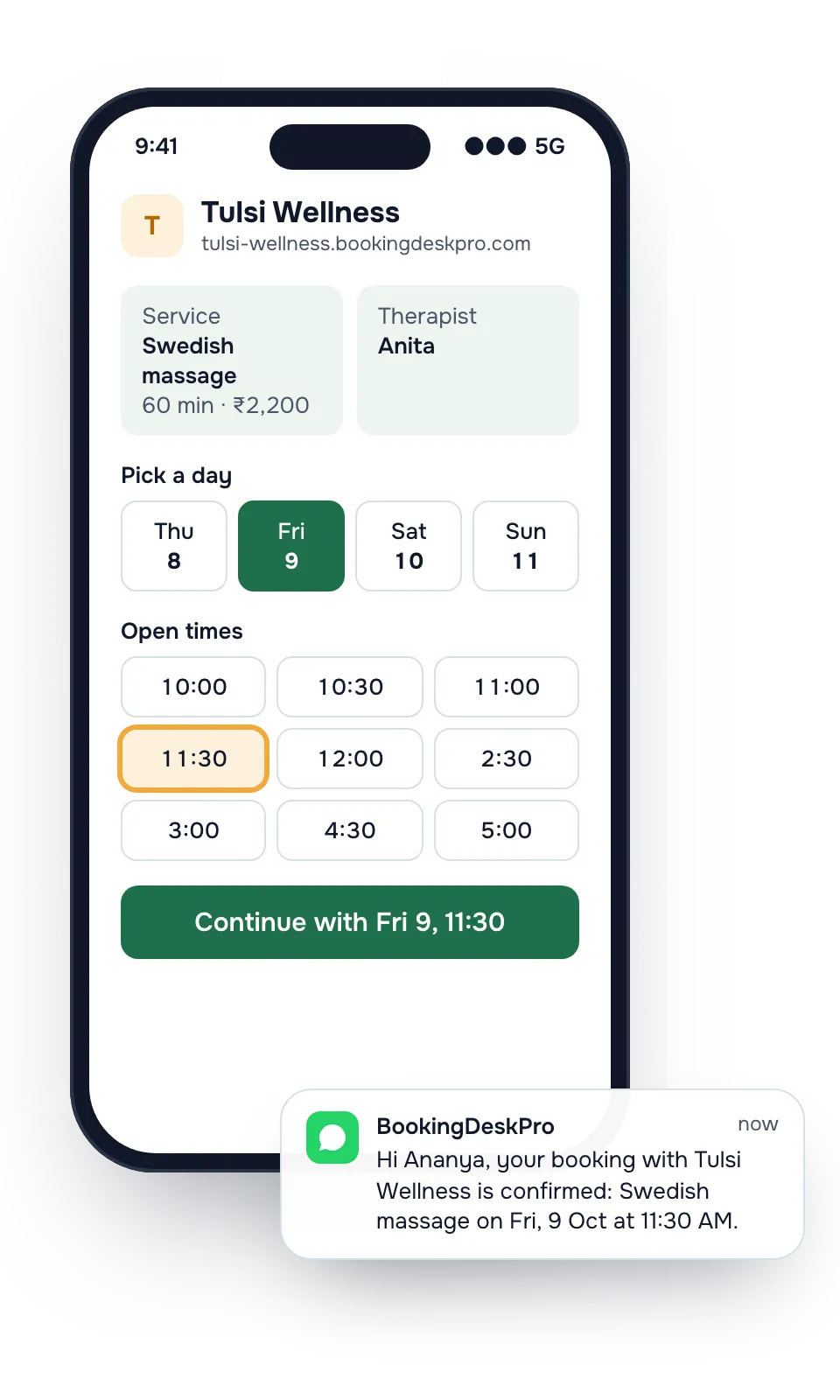 A phone showing the booking page for Tulsi Wellness, with Swedish massage with Anita at 11:30 selected, and a WhatsApp confirmation for the booking.