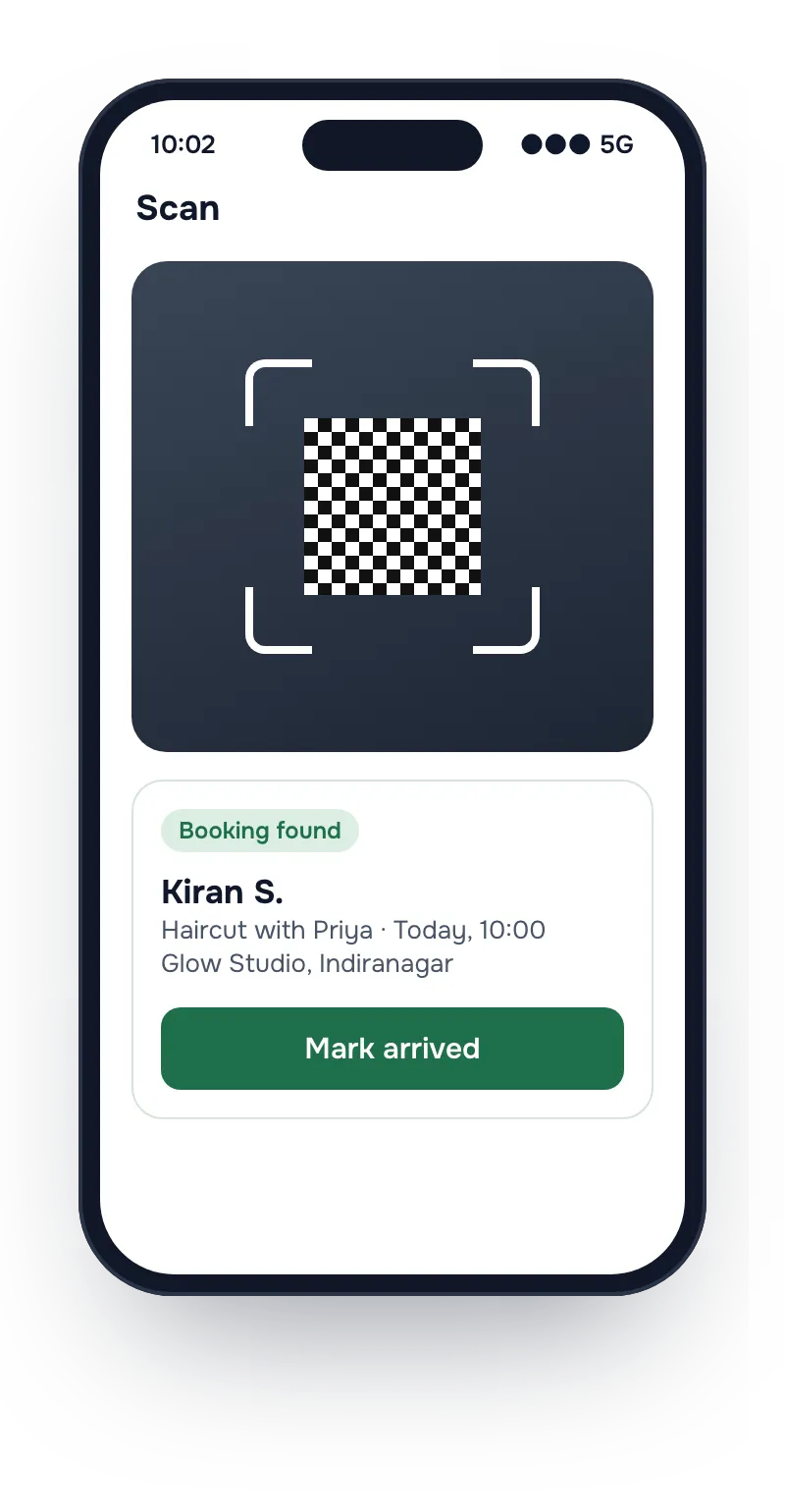 A phone on the Scan screen that has read a receipt's QR code and found Kiran's haircut at 10:00, with a Mark arrived button.