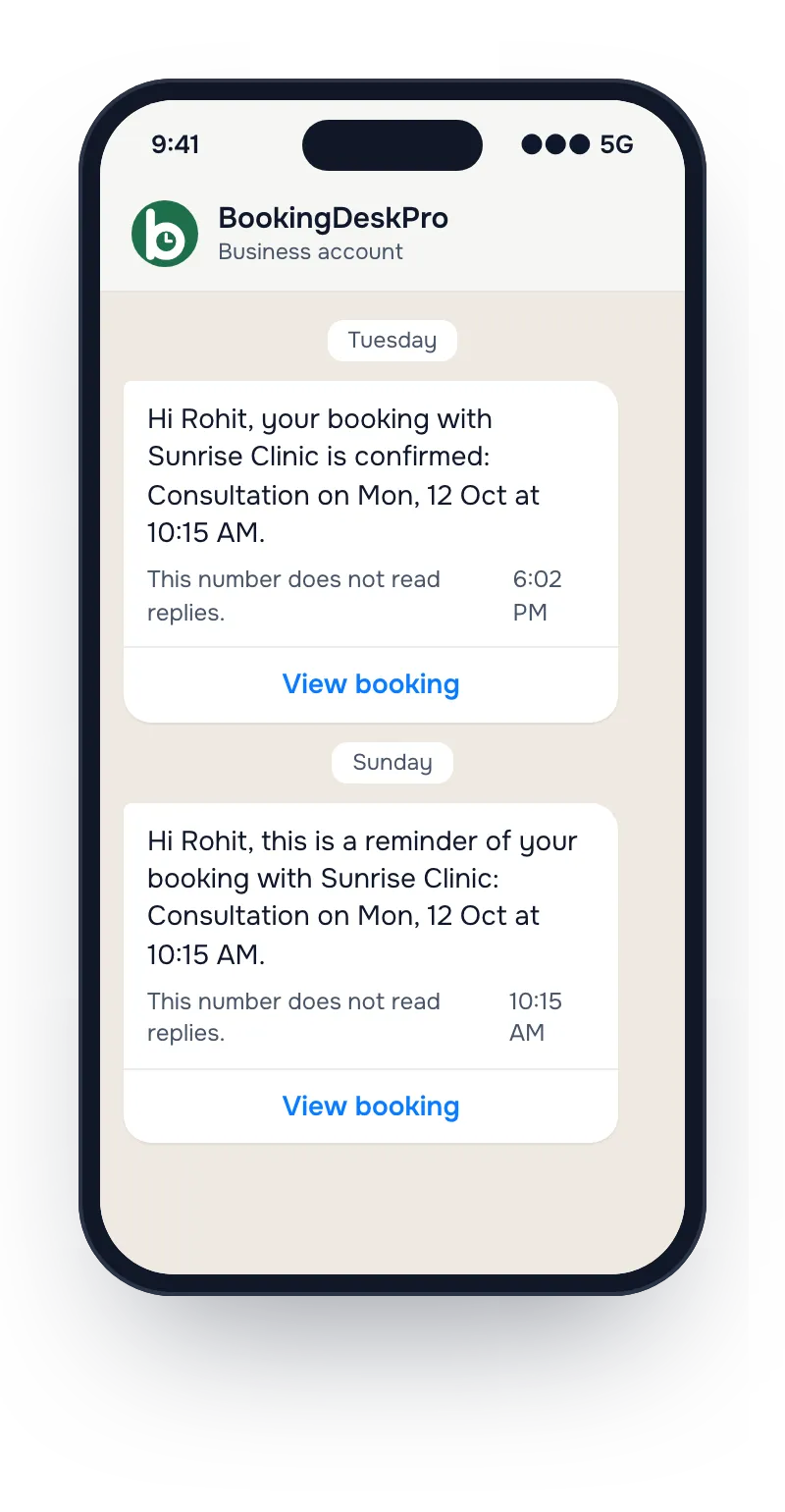 A WhatsApp chat showing a booking confirmation for Sunrise Clinic and, later, a reminder for the same booking, each with a View booking button.